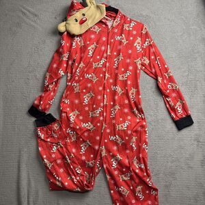 Womens one piece pajamas reindeer-with Antler Hoodie. size Large